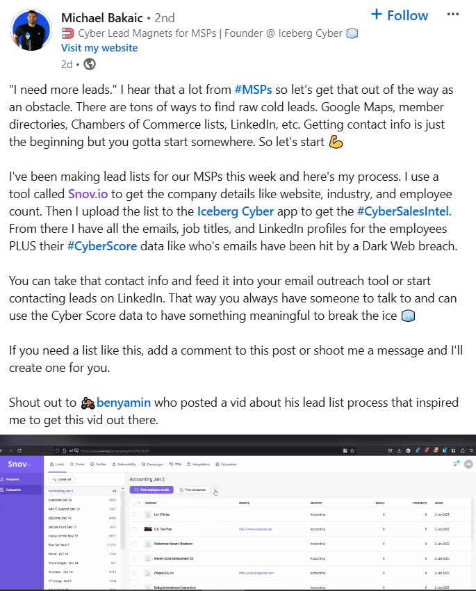 LinkedIn post by Michael Bakaic on lead generation for MSPs. He uses Snov.io for company details and Iceberg Cyber for #CyberSalesIntel and #CyberScore data. The post includes a Snov.io lead list screenshot.