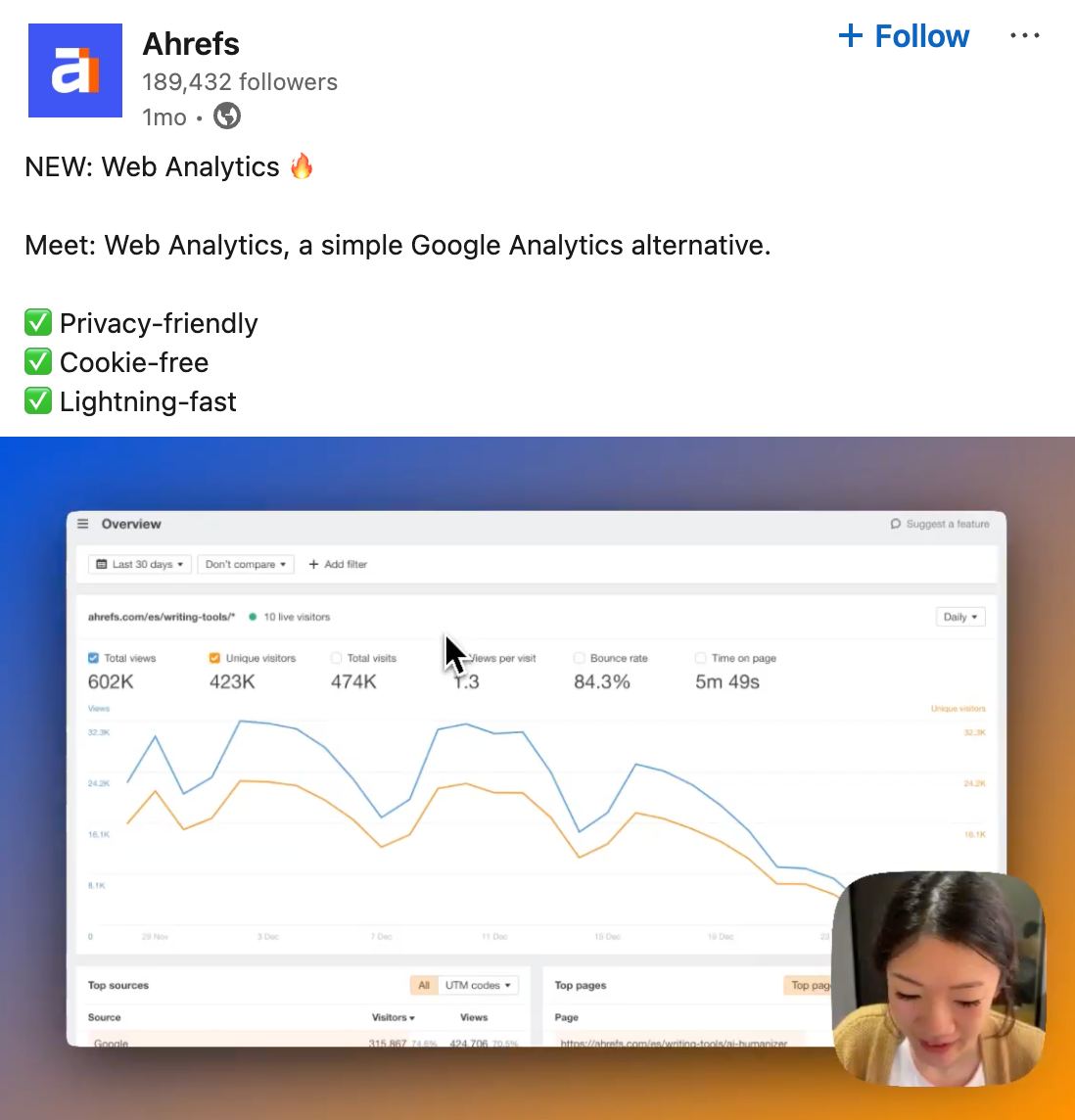 LinkedIn post by Ahrefs announcing 'Web Analytics,' a privacy-friendly, cookie-free, and fast alternative to Google Analytics. The post includes a screenshot of the Web Analytics dashboard displaying traffic data and a small video overlay of a person presenting.