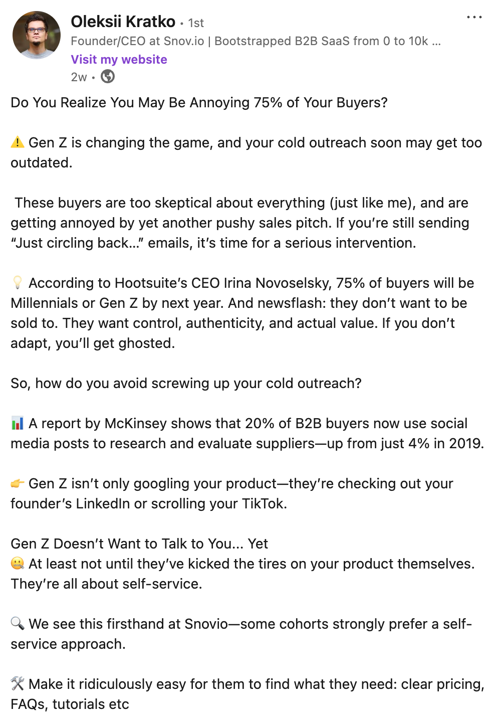 A LinkedIn post by Oleksii Kratko, Founder/CEO at Snov.io, discussing how Gen Z and Millennials are changing B2B buyer behavior.