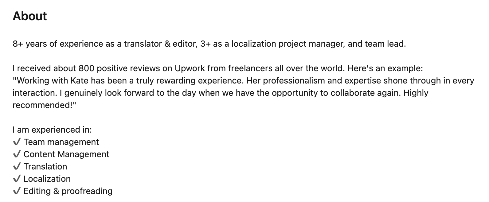 A LinkedIn 'About' section for a professional with 8+ years of experience as a translator and editor, and 3+ years as a localization project manager and team lead.