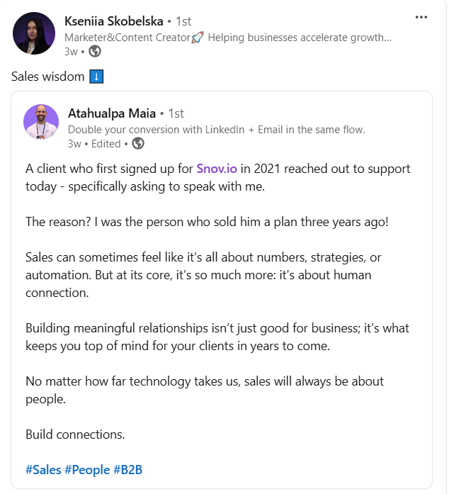 LinkedIn post by Kseniia Skobelska sharing a post from Atahualpa Maia about the importance of building relationships in sales.