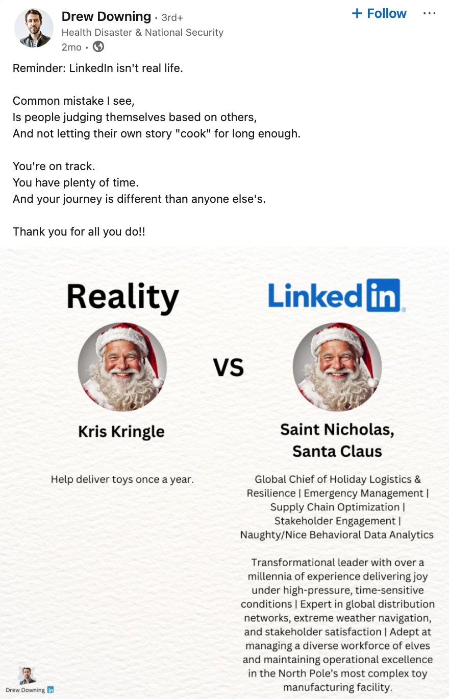 LinkedIn post comparing 'Reality' vs. 'LinkedIn' job titles. On the left, Kris Kringle is simply described as helping deliver toys once a year. On the right, Santa Claus is given an elaborate corporate title: 'Global Chief of Holiday Logistics & Resilience,' along with expertise in supply chain optimization, stakeholder engagement, and elf workforce management.