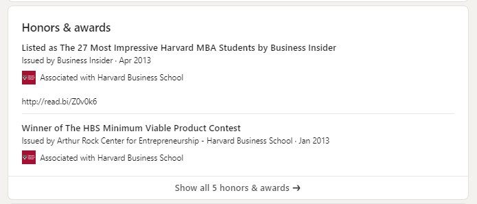 Adding honors & rewards to a profile on LinkedIn