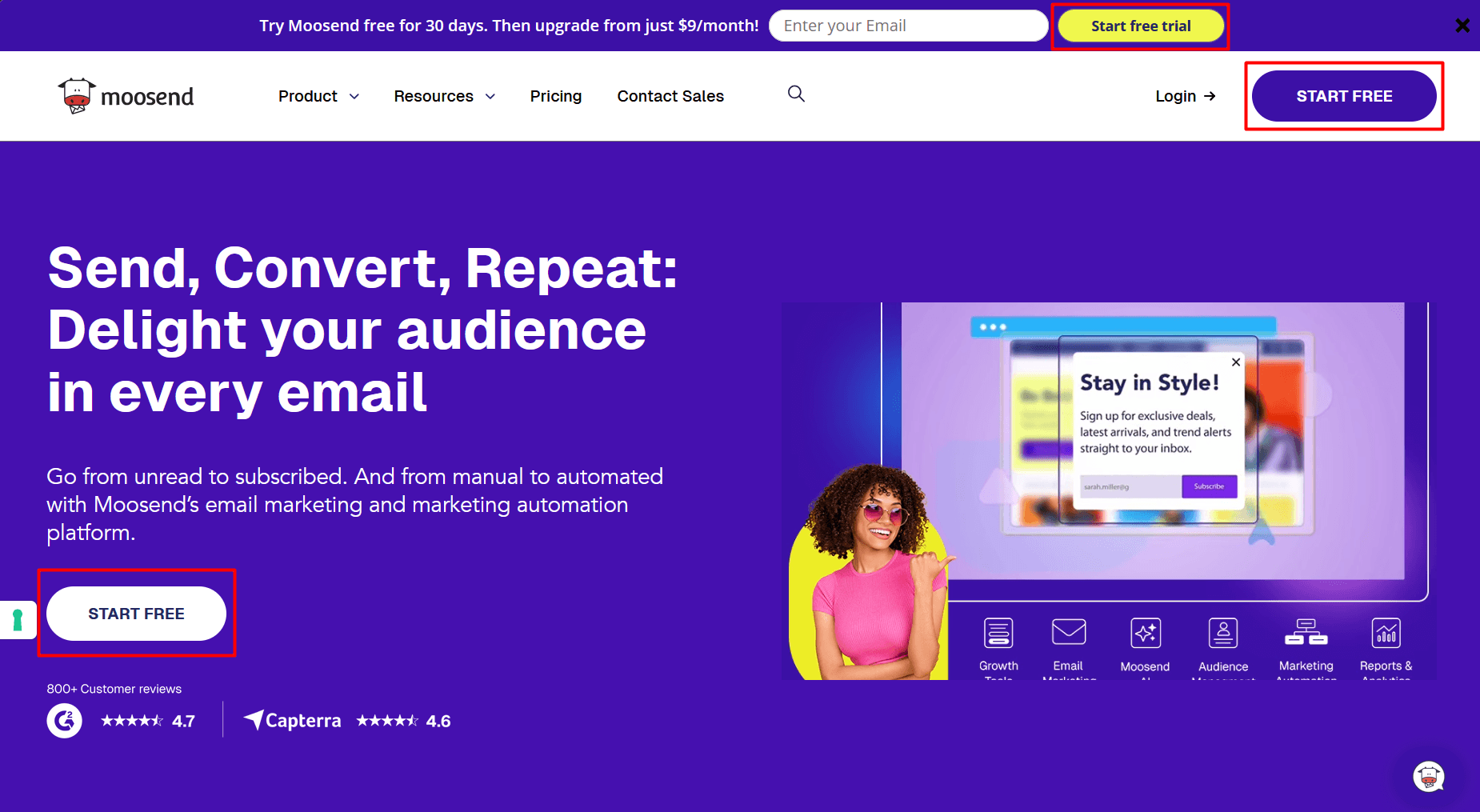 Lead magnet example from the Snov.io customer - free trial by Moosend