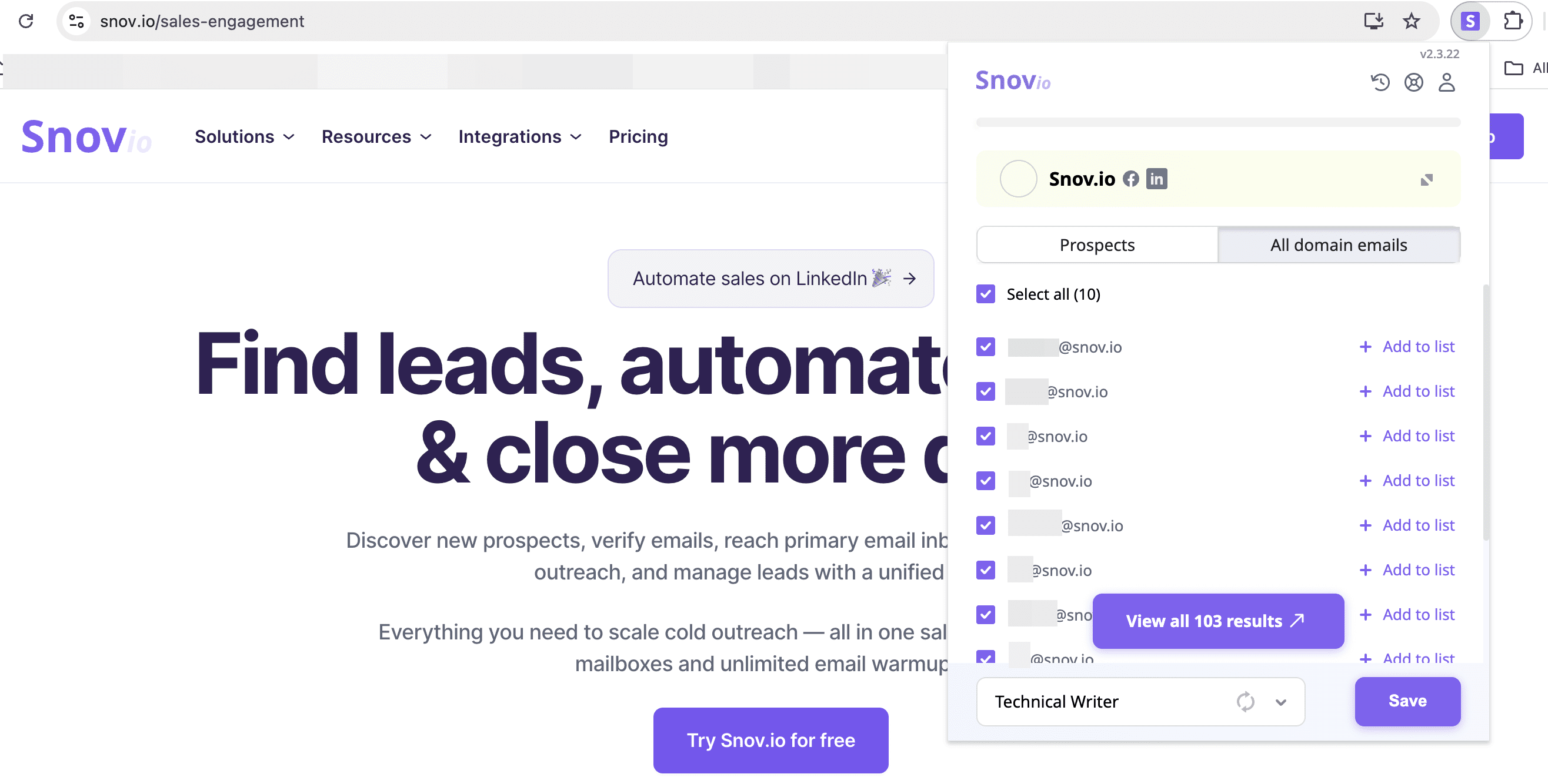 collecting emails from the company website with Snov.io Email Finder