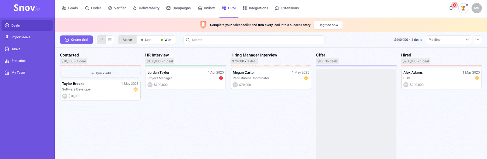 How to use the free Snovio CRM as an ATS for recruitment