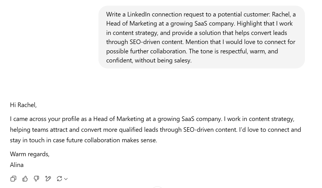 Connecting with potential customers on linkedin chatgpt prompt example