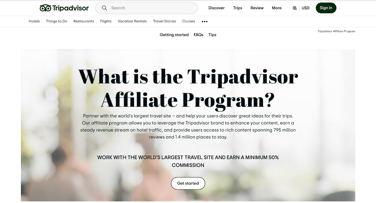 captura de tela mostrando o programa de afiliados da Tripadvisor
