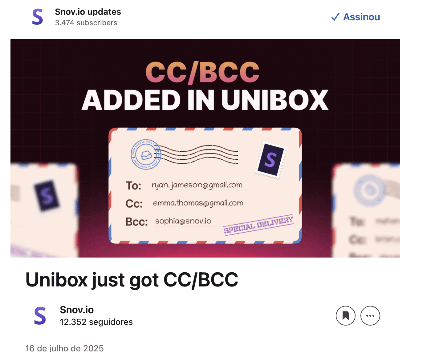 Página do LinkedIn da Snov.io com descrição rica em palavras-chave estratégicas