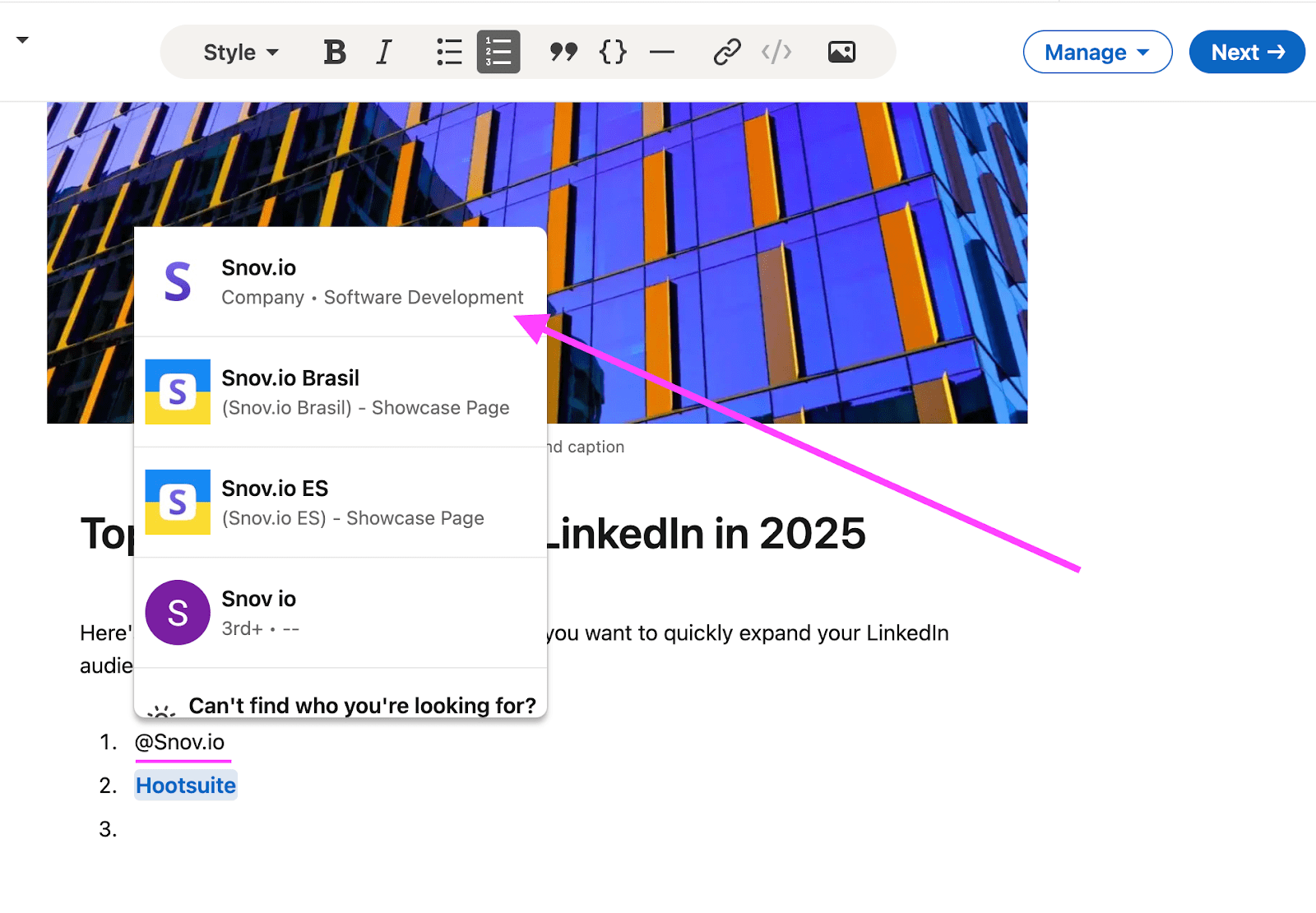 How to tag a company on LinkedIn in an Article