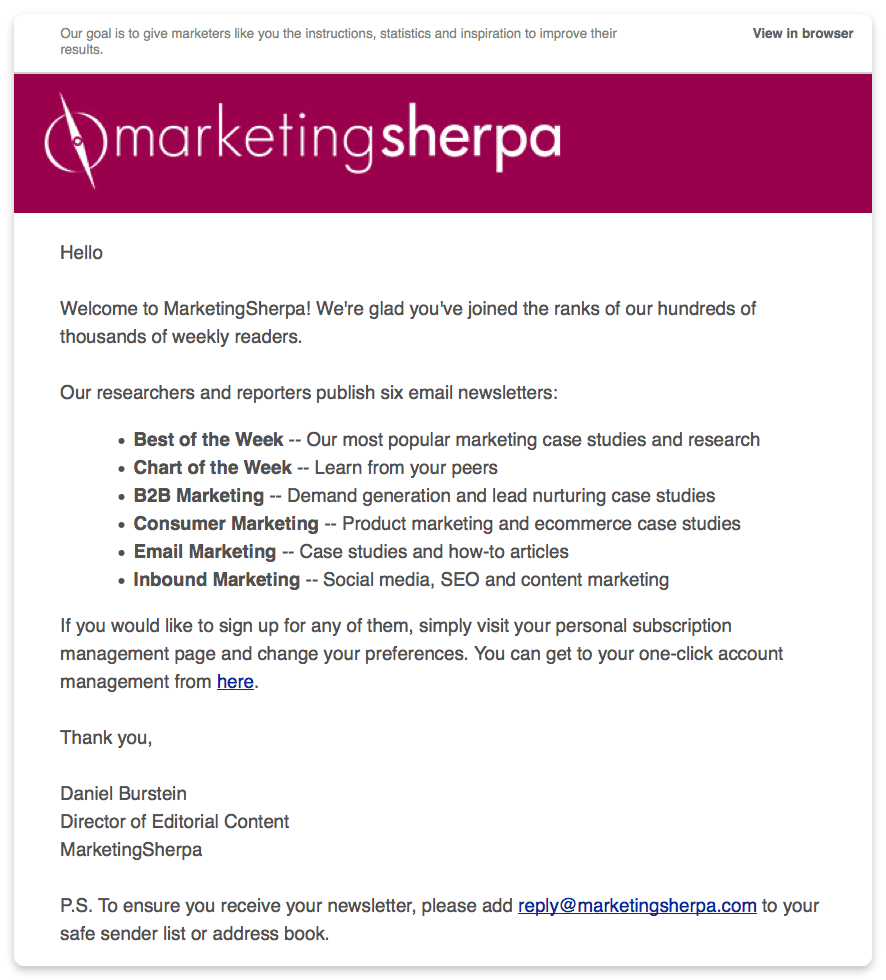 Лист з вибором контенту від Marketing Sherpa