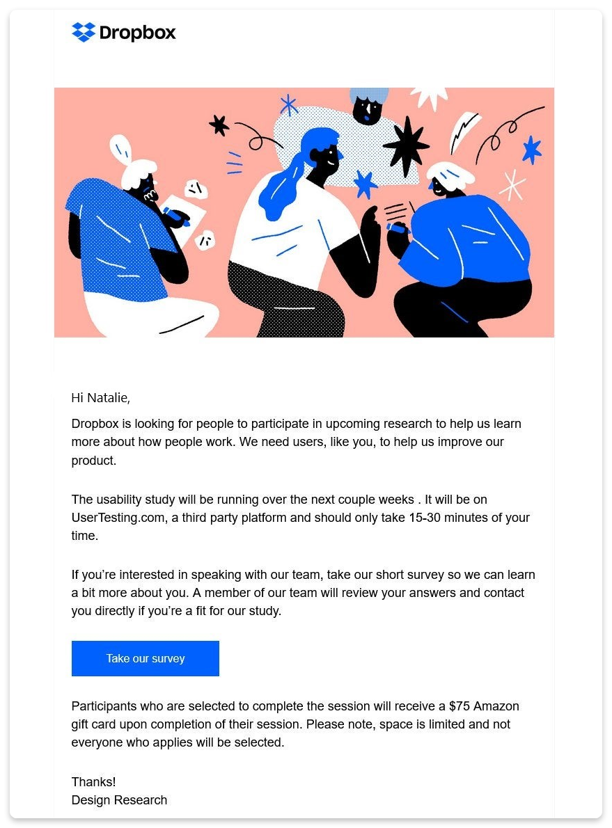 Лист з подякою за участь в опитуванні від Dropbox