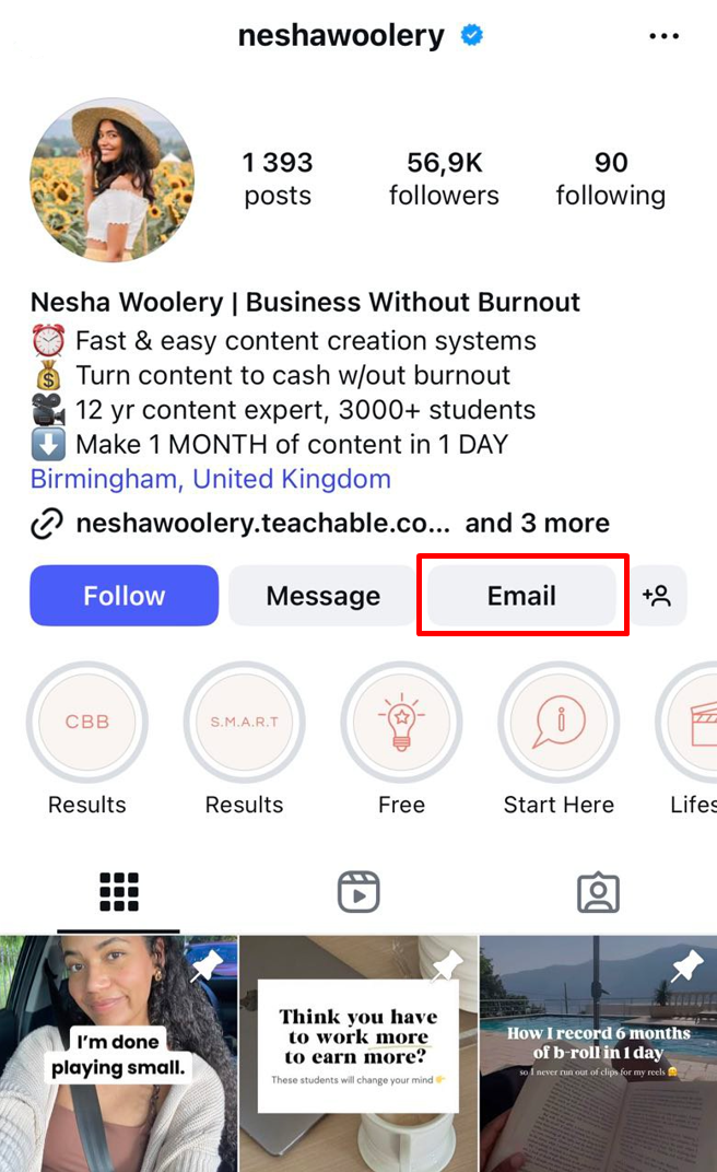 how to find emails on Instagram via contact button screenshot