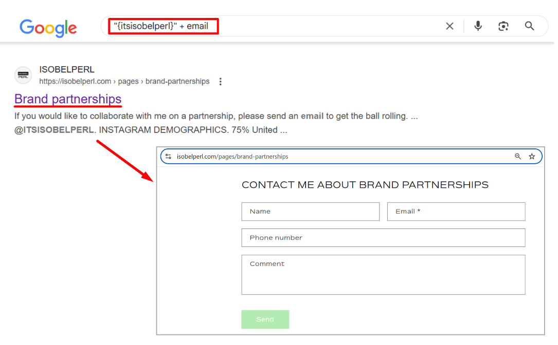 finding email address from Instagram with Google search operators example