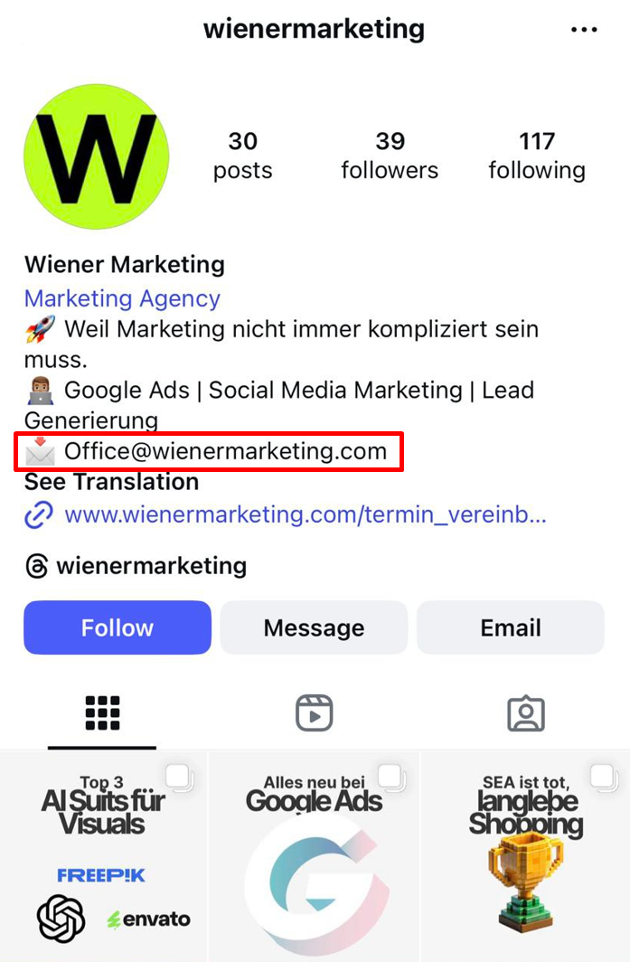 email address on Instagram in bio section example
