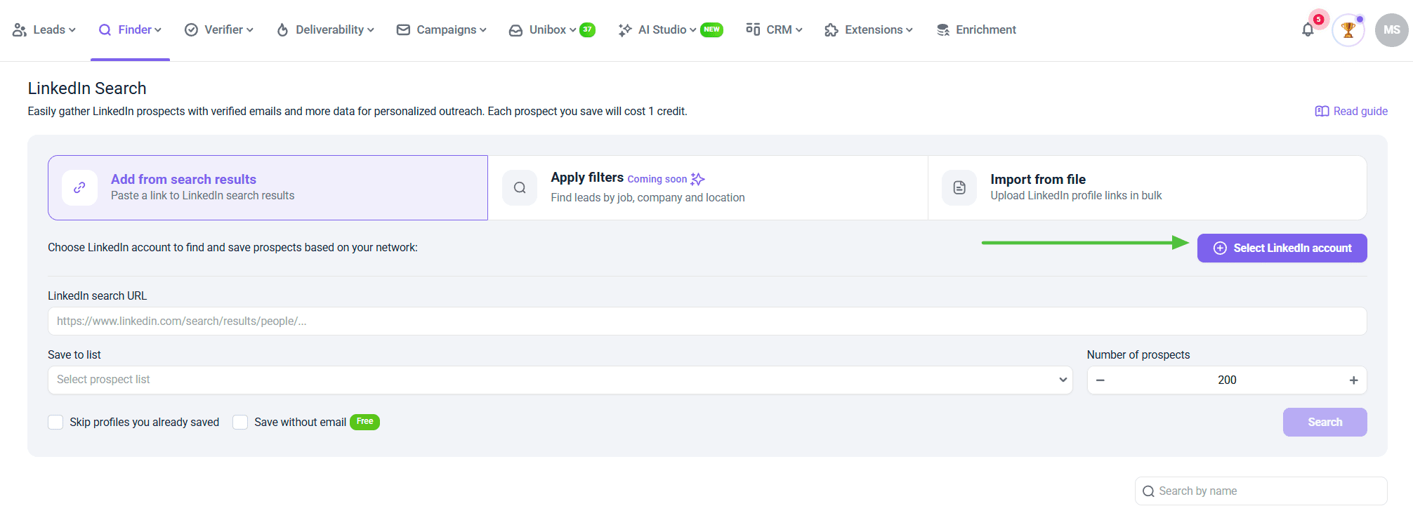 LinkedIn Search from Snov.io