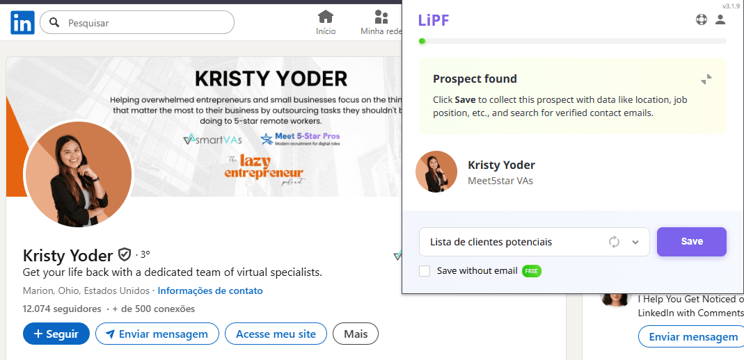  captura de tela usando o Localizador de e-mails da Snov.io no LinkedIn