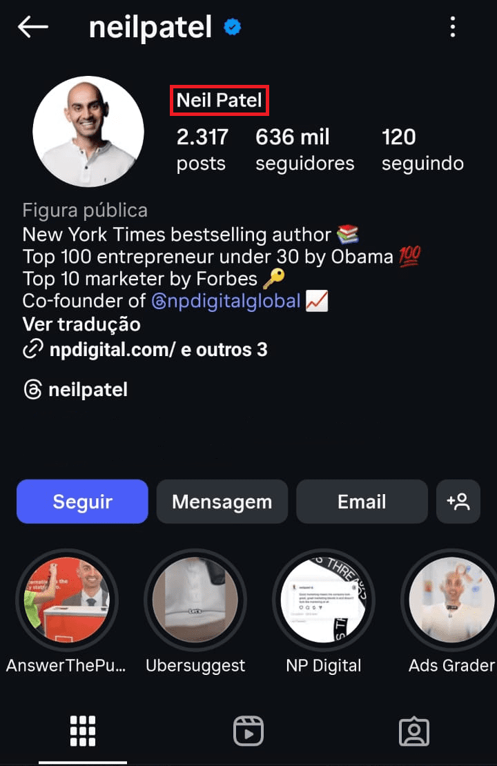 captura de tela mostrando onde encontra o nome e sobrenome de uma pessoa no Instagram