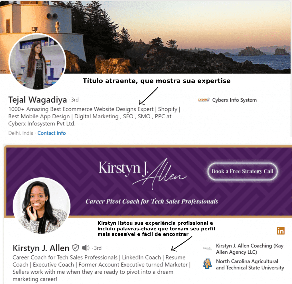 Captura de tela de um perfil do LinkedIn (Jennifer Welsh). A imagem de capa é um banner de marketing que exibe o texto 'Empowering successful women to take control of their finances' (Capacitando mulheres de sucesso a assumirem o controle de suas finanças) e um gráfico de crescimento.
