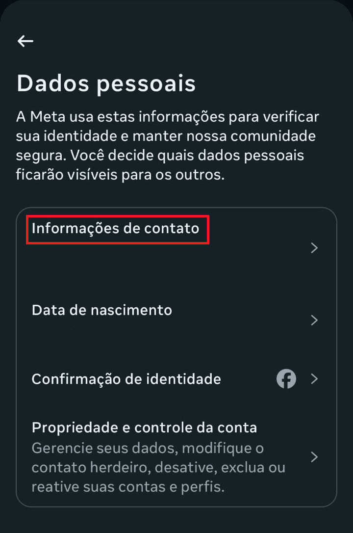 captura de tela mostrando as informações de contato da sua própria conta no Instagram