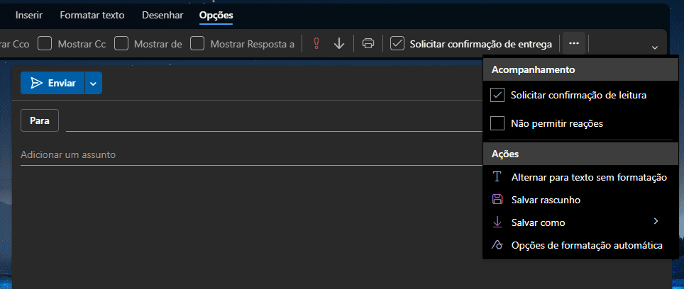 captura de tela mostrando como ativar a confirmação de leitura do Outlook