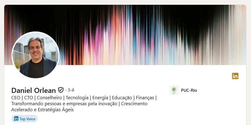 Perfil de Daniel Orlean no LinkedIn, com a foto dele e um banner escrito 'Os futuros amanhã', apresentando seu título como 'Co-fundador da 'Os futuros amanhã'.