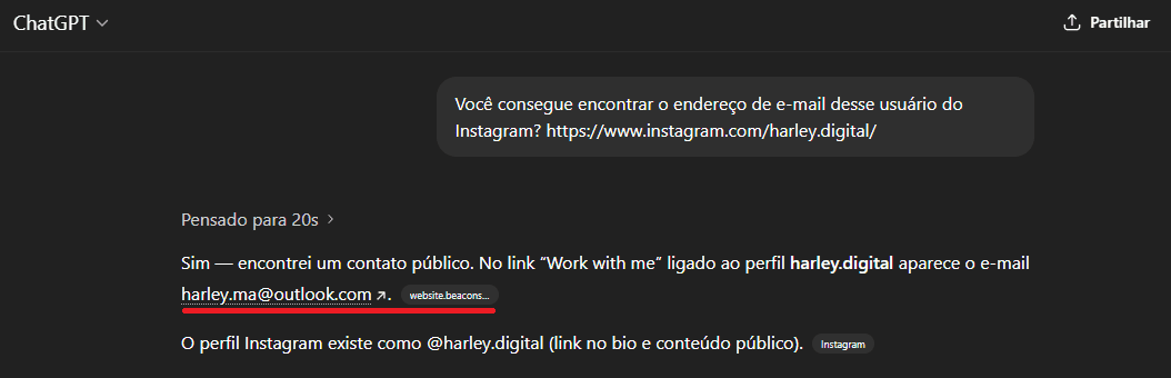 captura de tela mostrando como pedir um endereço de e-mail a partir de uma conta do Instagram a uma IA