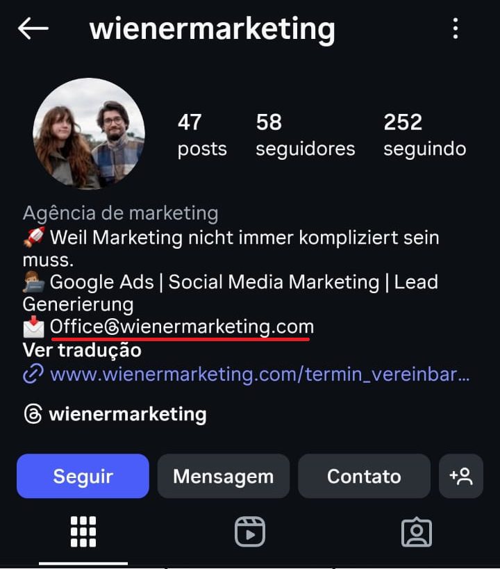 captura de tela mostrando onde encontar o e-mail de alguém na biografia do Instagram