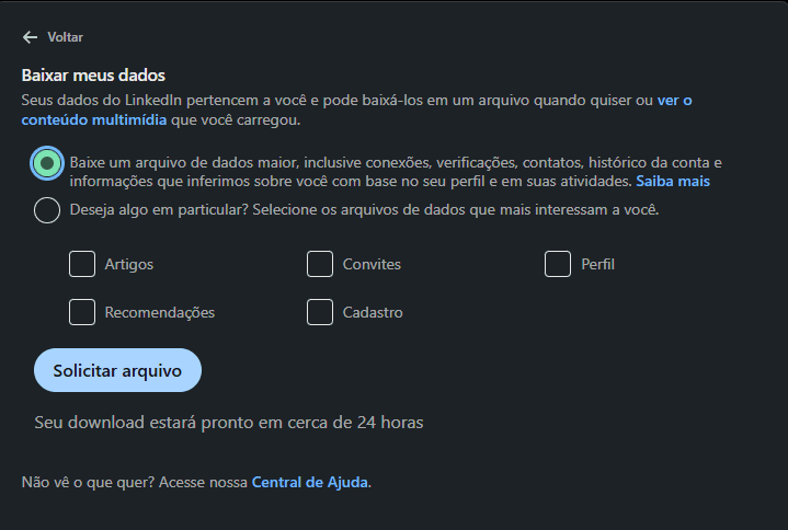 captura de tela mostrando como baixar os dados das suas conexões no LinkedIn