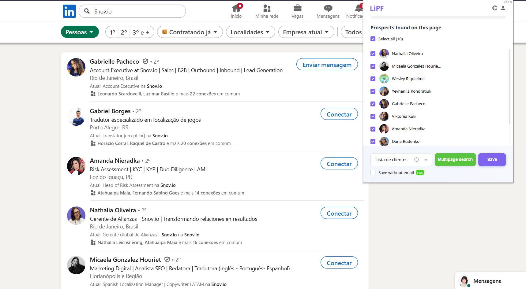 captura de tela mostrando como exportar dados do LinkedIn com o Localizador de e-mails do LinkedIn da Snov.io