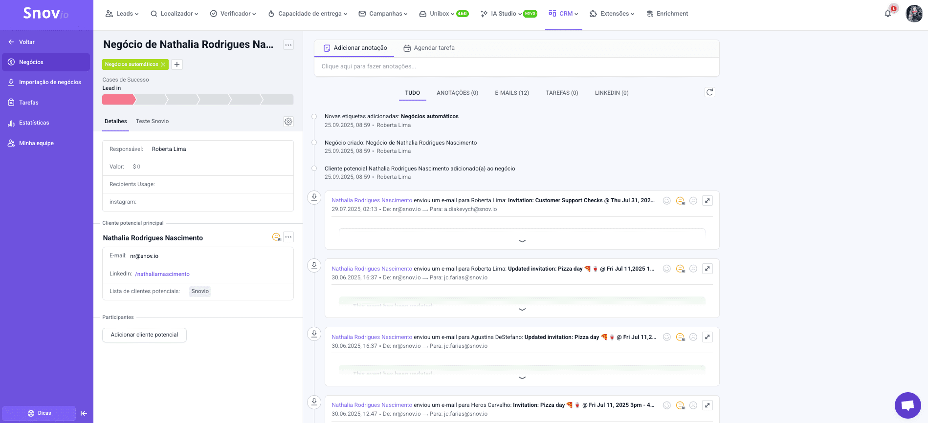 captura de tela mostrando como importar contatos para o CRM com a Snov.io