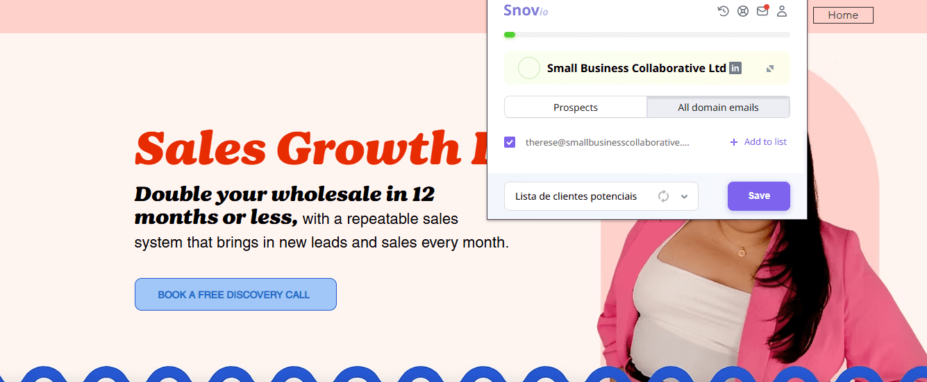 captura de tela mostrando como usar o localizador de e-mails da Snov.io com site vinculado ao Instagram
