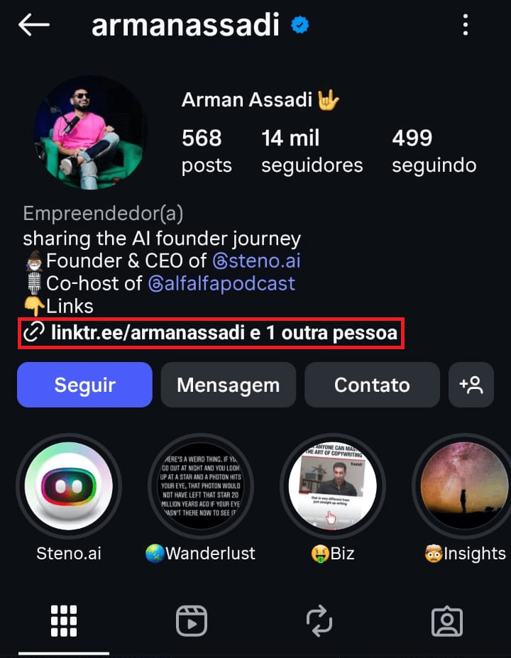 captura de tela mostrando onde encontrar o Linktree de alguém no Instagram
