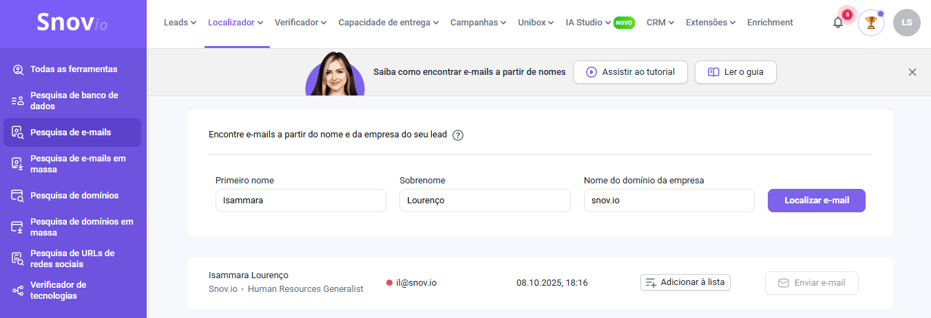captura de tela mostrando como encontrar um e-mail com o Pesquisa de E-mails da Snov.io