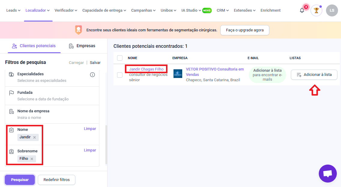 captura de tela mostrando uma pesquisa de e-mail no banco de dados da Snov.io