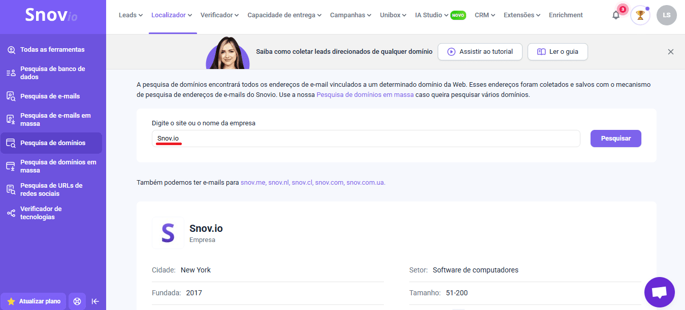 captura de tela mostrando uma pesquisa de e-mail por domínio com a Snov.io