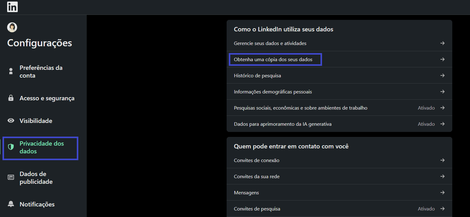 captura de tela mostrando onde obter uma cópia dos seus dados no LinkedIn