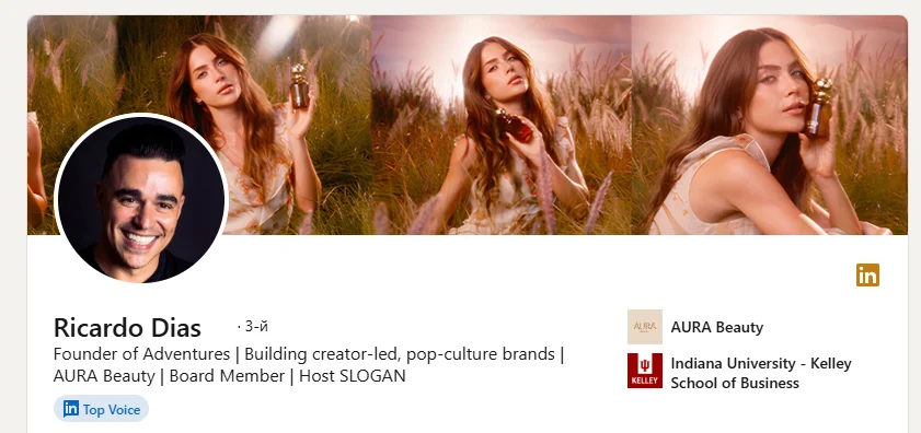 Perfil de Ricardo Dias no LinkedIn, mostrando-o como 'Partner of Adventures' e 'CMO' da Ambev e cofundador de marcas de beleza, com uma foto dele e uma família em um fundo de banner com o título 'Aura Beauty'.