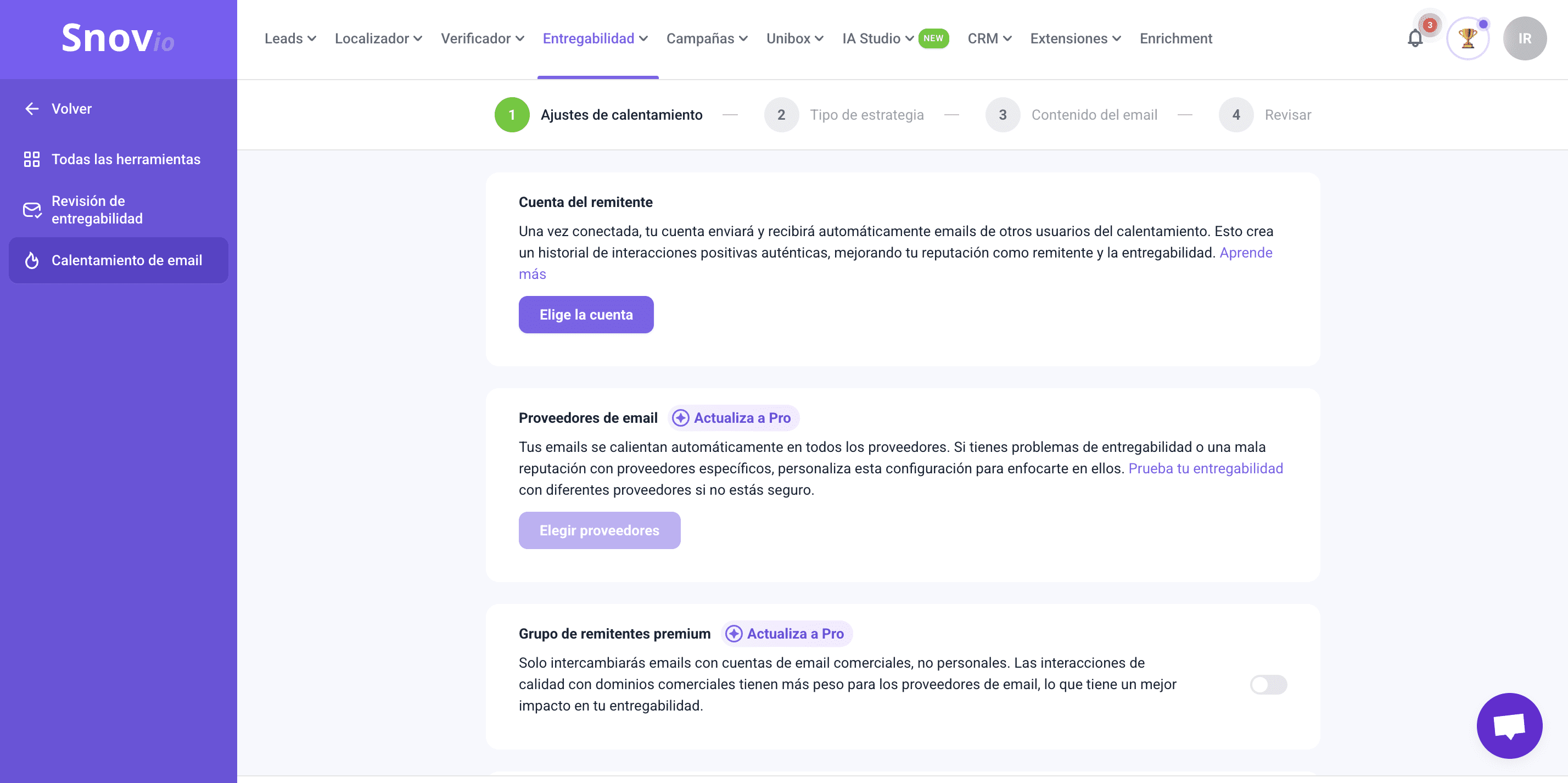 Herramienta de calentamiento de email de Snov.io