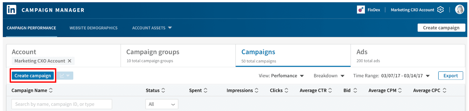 LinkedIn campaign manager screenshot