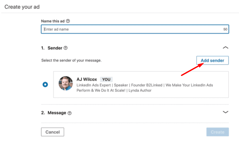 screenshot of adding a sender to sponsored messages on LinkedIn