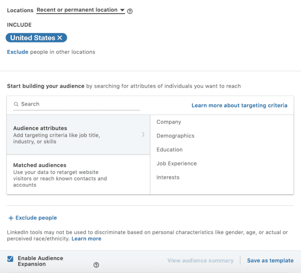 screenshot of choosing a target audience for LinkedIn InMail campaign