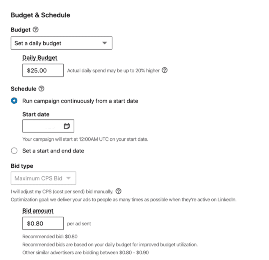 setting budget and schedule for LinkedIn Sponsored messaging