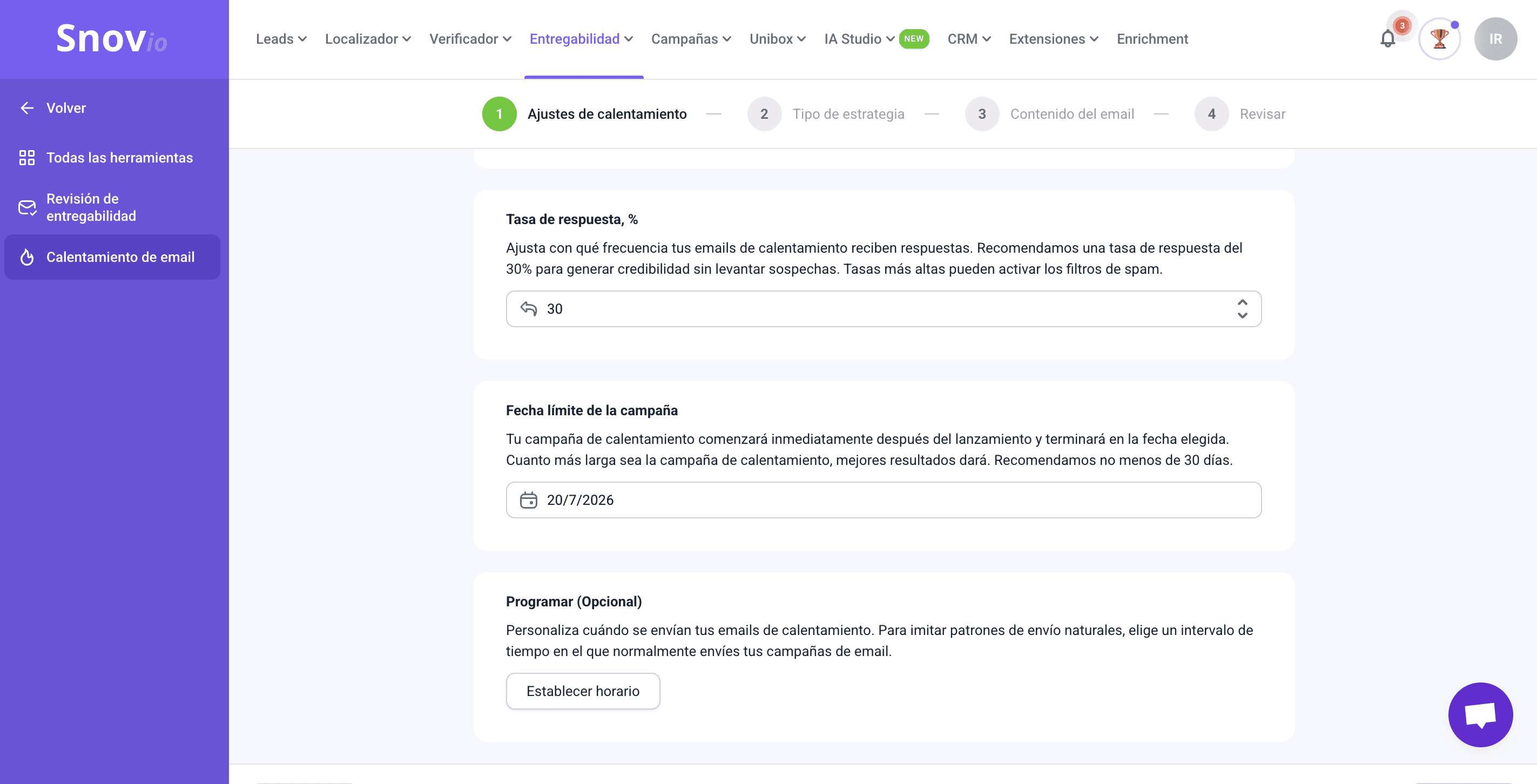  Configuraciones de herramienta de calentamiento de email