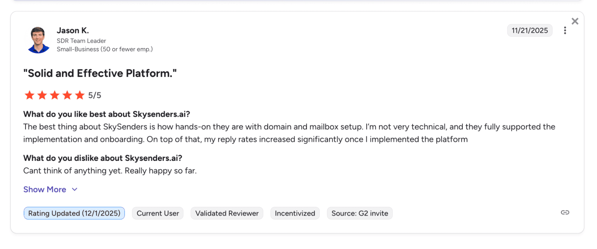 SkySenders email infrastructure tool - G2 review