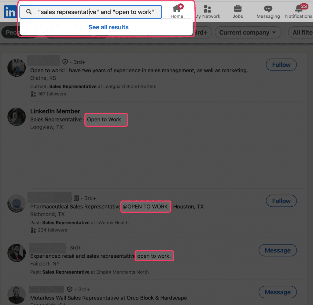 Ejemplo de búsqueda booleana en LinkedIn