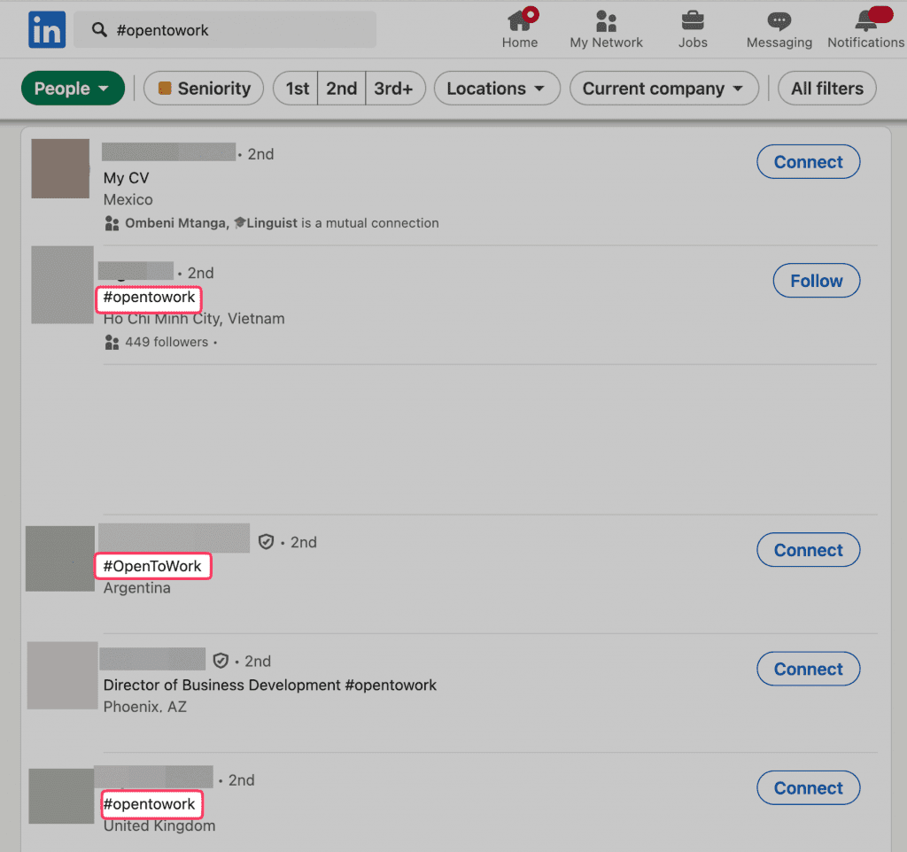 Busqueda de candidatos en linkedin por hashtag #opentowork