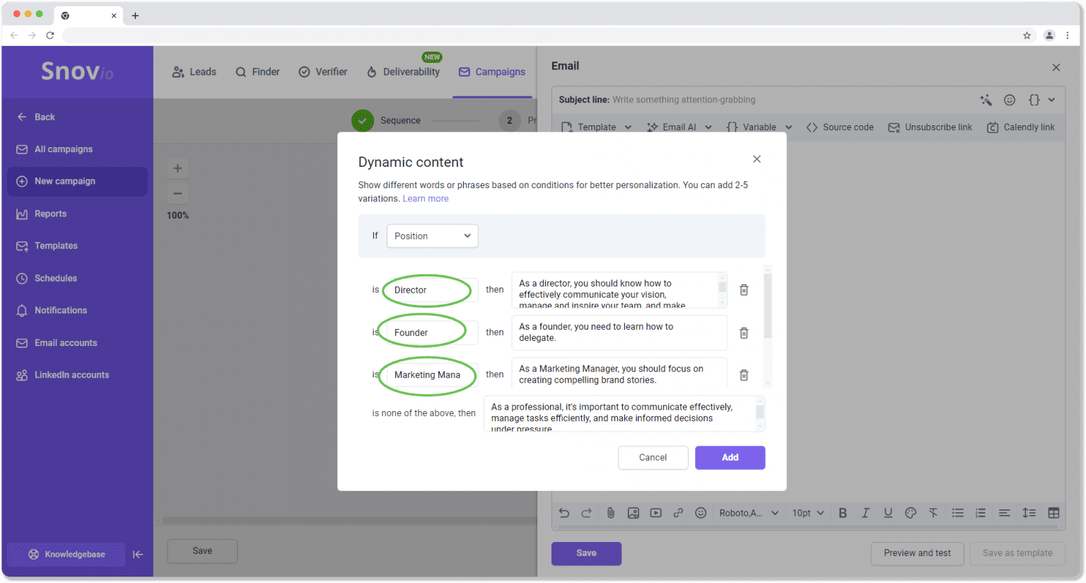 Generador de contenido dinamico de Snov.io