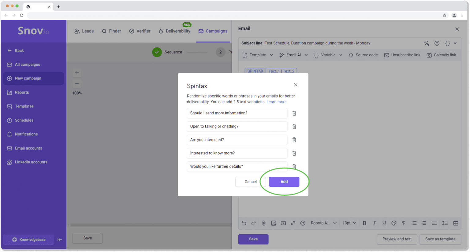 Función Spintax de Snov.io para personalizar los mensajes