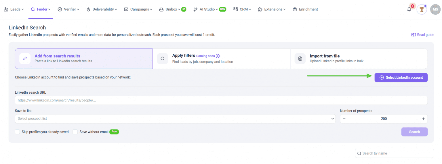 Buscador de LinkedIn de Snov.io